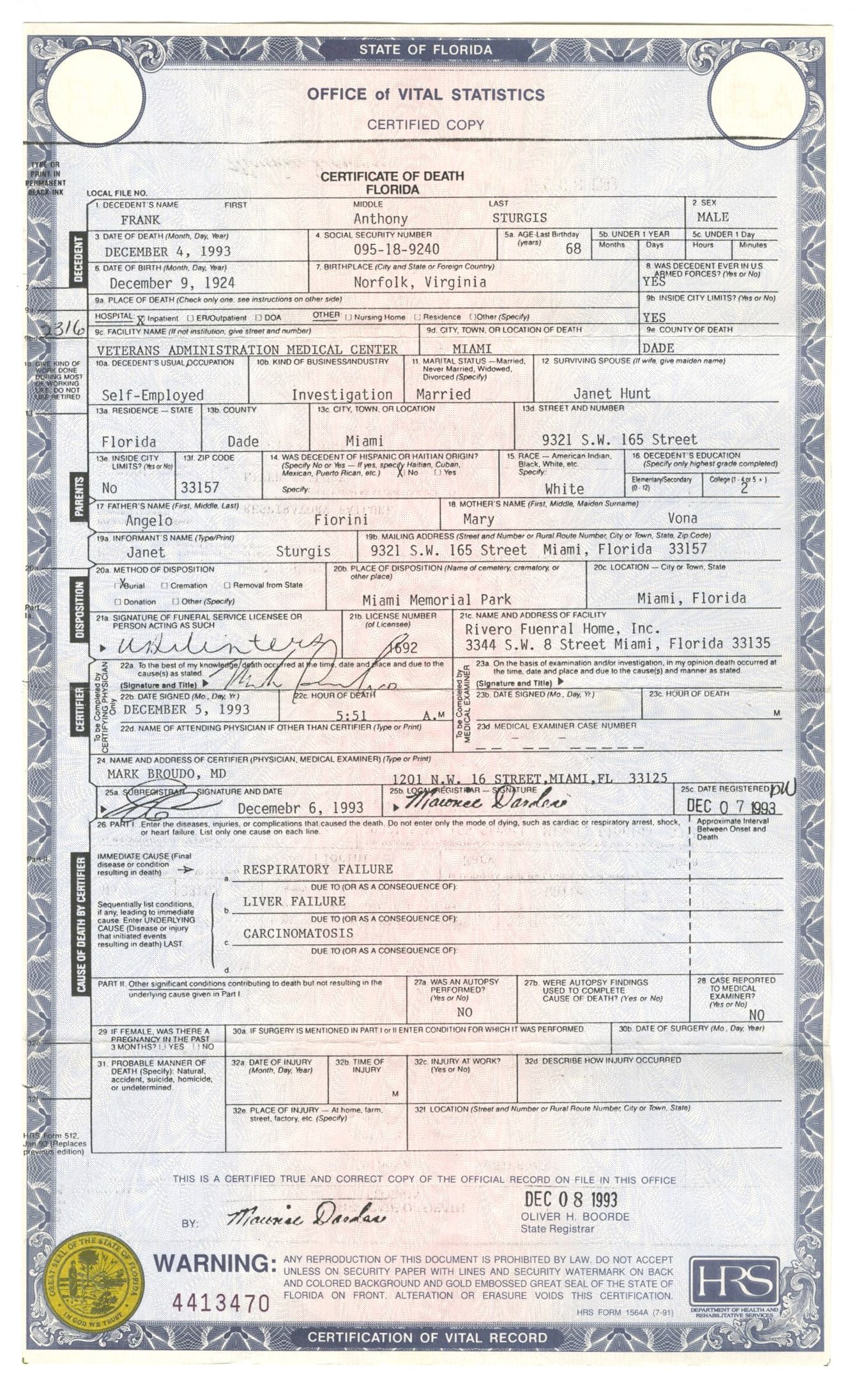 Frank Sturgis – Kennedy Era CIA Operative & Watergate Figure – Original Florida Death Ce (1 of 1)