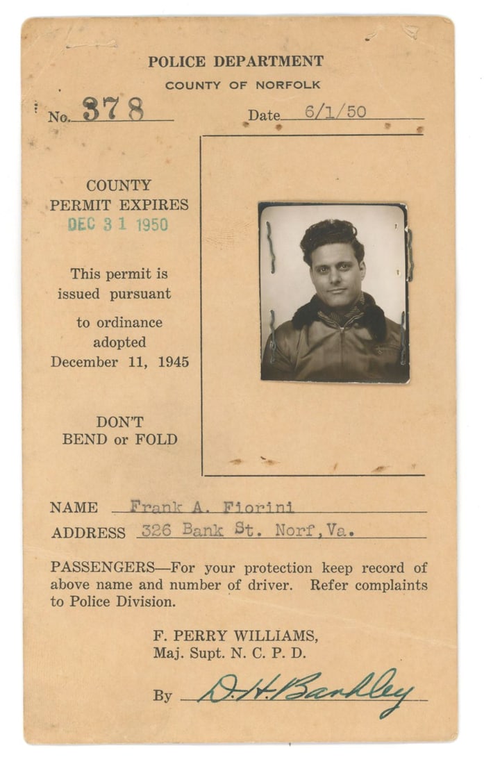 Frank Sturgis – JFK Era CIA Operative – 1950 Police-Issued Taxi Driver License (1 of 2)