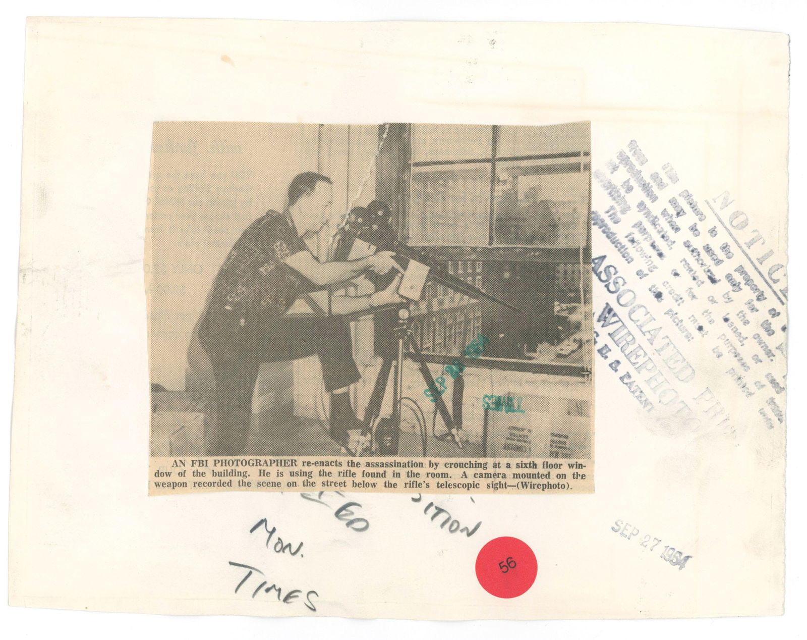 Lee Harvey Oswald Shooting Reenactment – FBI Investigation – Original 9.25 x 7.25 Press  - 2