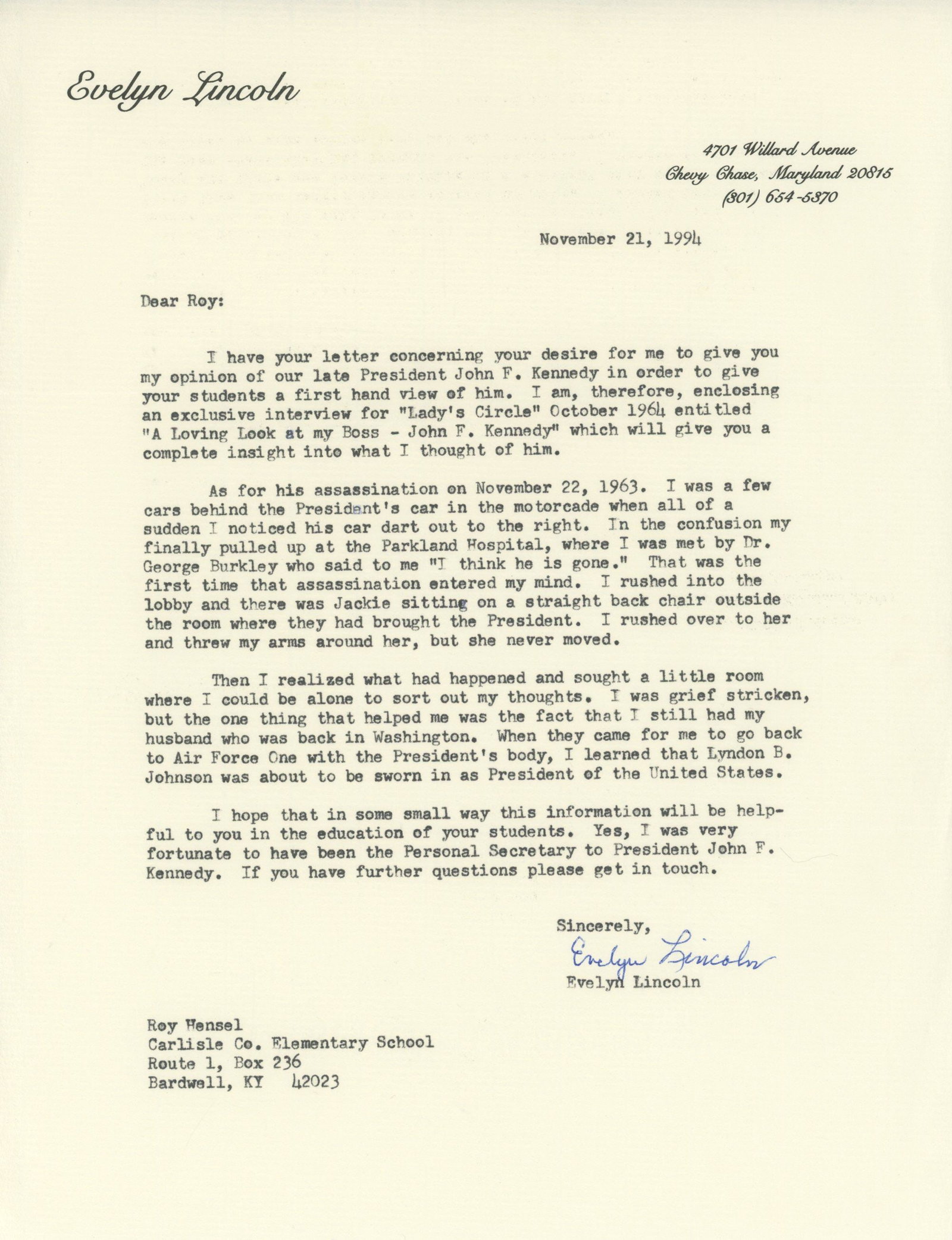 Evelyn Lincoln – Assassination Account from JFK's Personal Secretary – Autographed Typed (1 of 1)