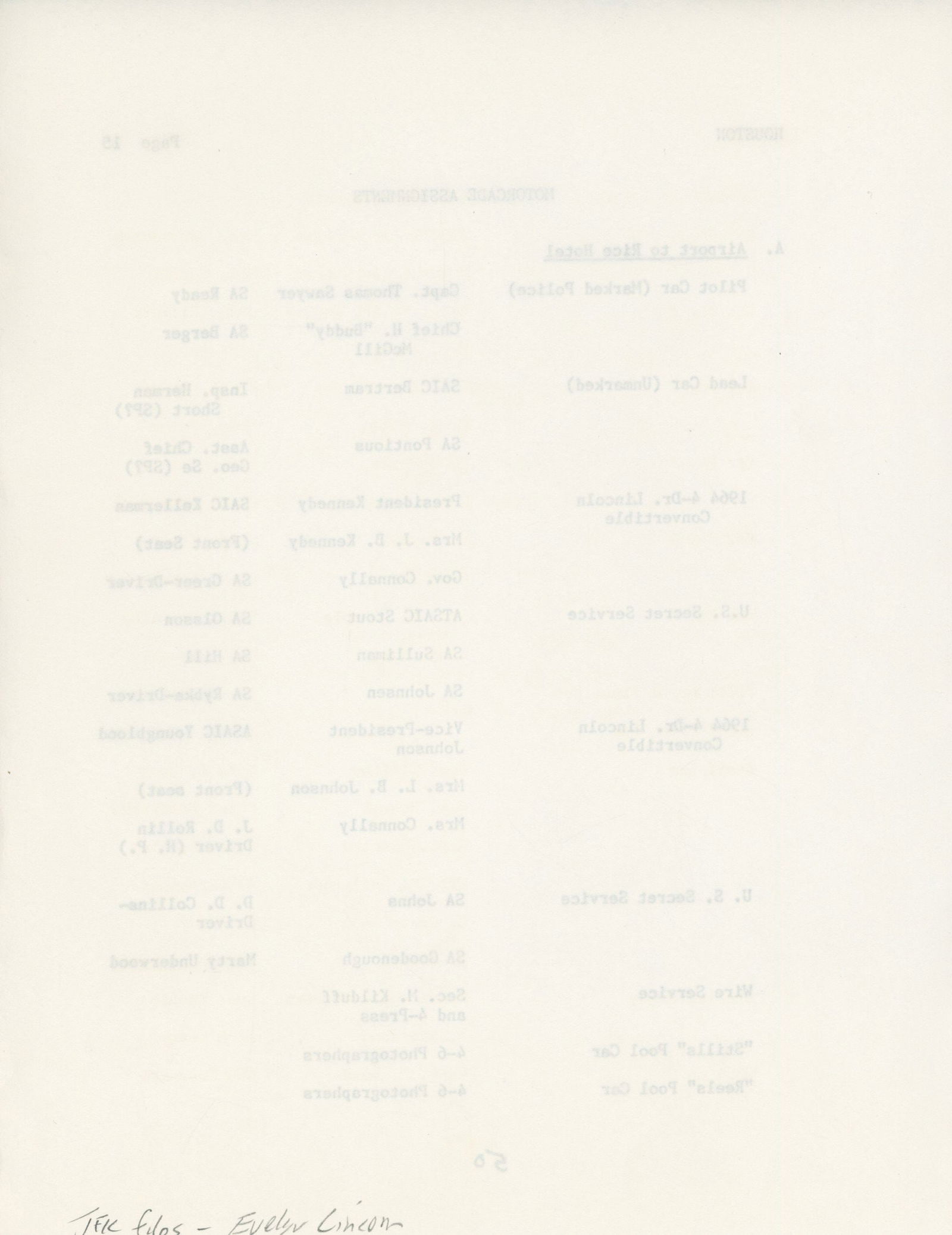 Evelyn Lincoln's Personally Owned JFK Texas Motorcade Assignment Sheet – Nov. 11, 1963 - 2