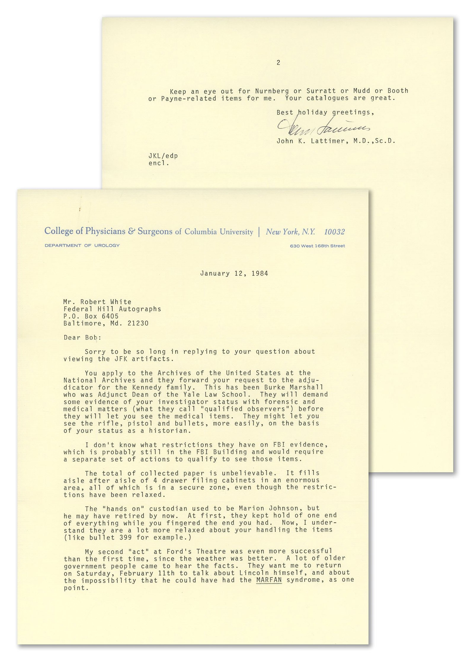 John K. Lattimer – Renowned Forensic Physician – Autographed Typed Letter to Collector R (1 of 5)