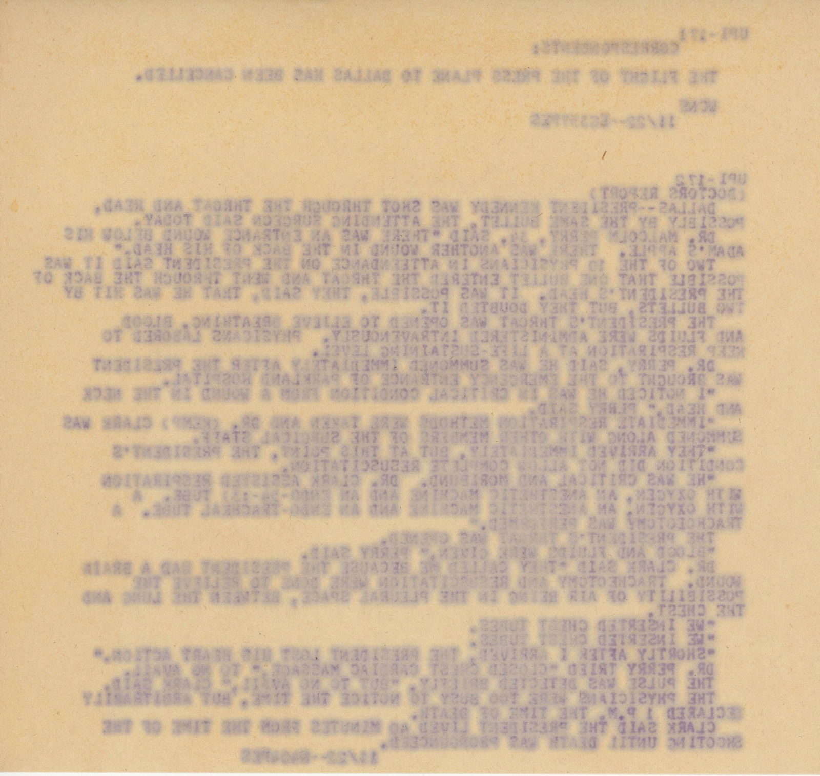 John F. Kennedy – Assassination Day Hospital Teletype – Original UPI Wire Report – - 2