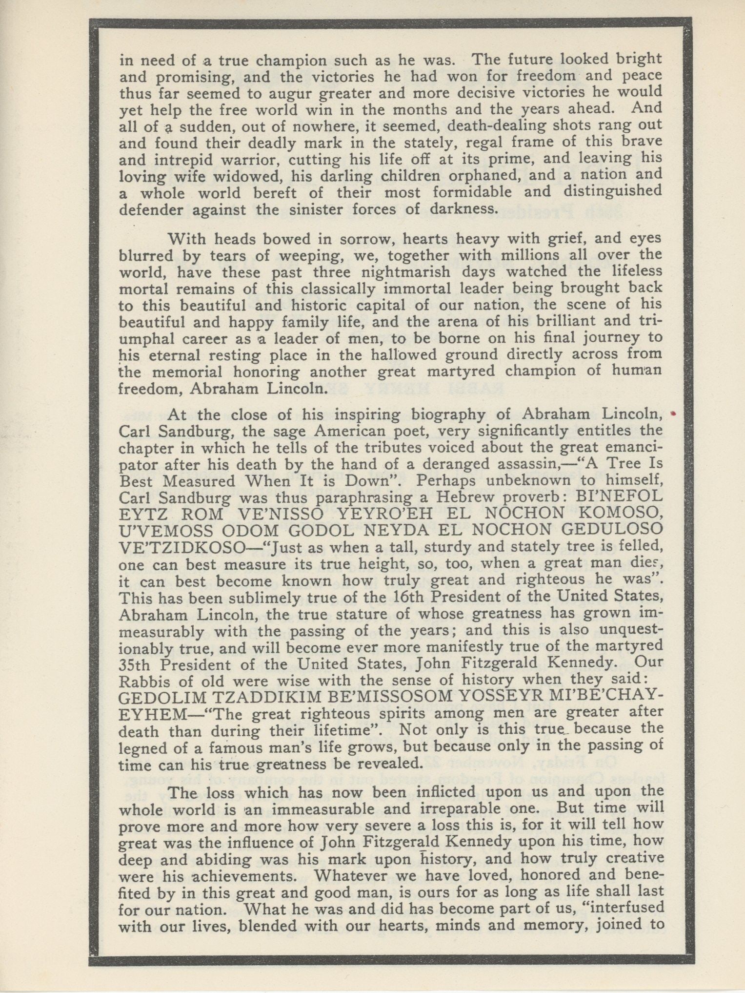 John F. Kennedy – B’nai Israel Memorial Service Program – Washington, D.C. Mournin - 2