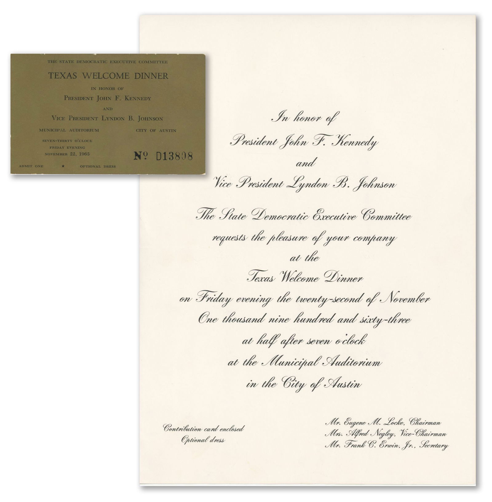 John F. Kennedy – Rare Gold Texas Welcome Dinner Ticket & Invitation – Assassination Eve (1 of 3)