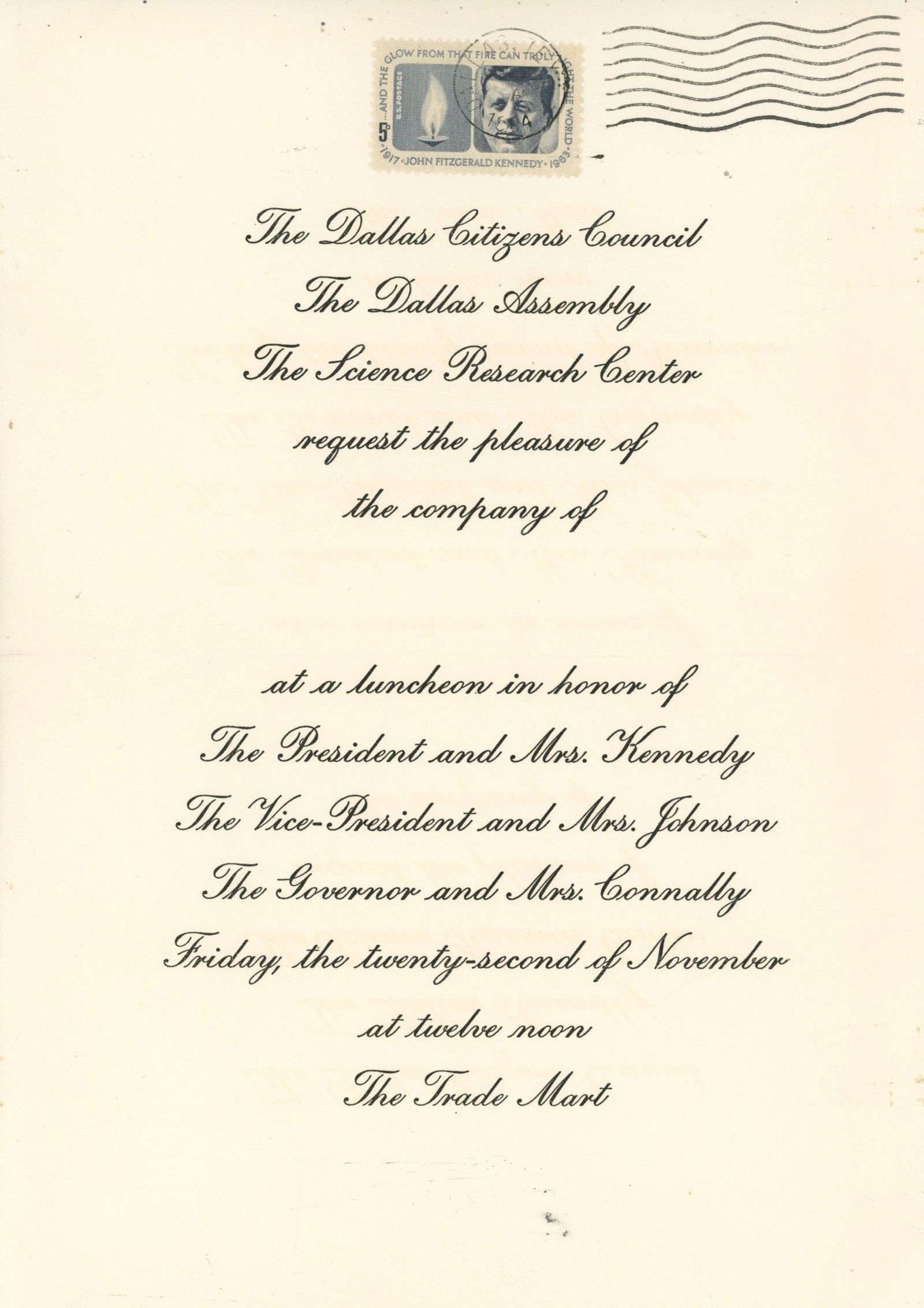 John F. Kennedy – Trade Mart Luncheon Invitation with Canceled Stamp – Dallas, November  (1 of 2)