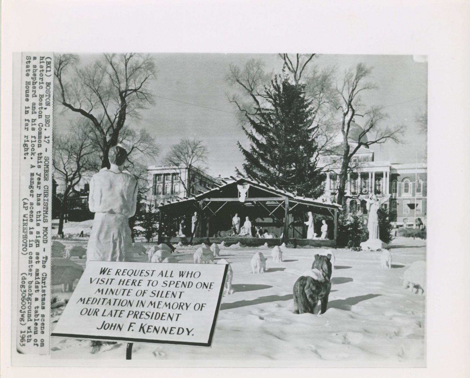 John F. Kennedy – Somber Christmas Memorial – Original 10 x 8 Press Photograph – D: Details: John F. Kennedy original 10 x 8” black-and-white Associated Press press photograph depicting a somber Christmas memorial scene following Kennedy’s assassination. The image shows