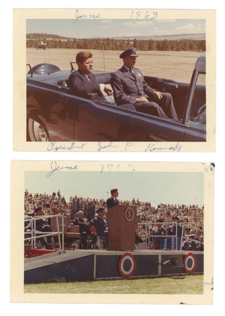 John F. Kennedy – Air Force Academy Visit – Pair of Original 1963 Snapshot Photographs: Details: John F. Kennedy original pair of period snapshot photographs, each measuring approximately 5 x 3.5 inches, taken during his 1963 visit to the U.S. Air Force Academy. One image shows President