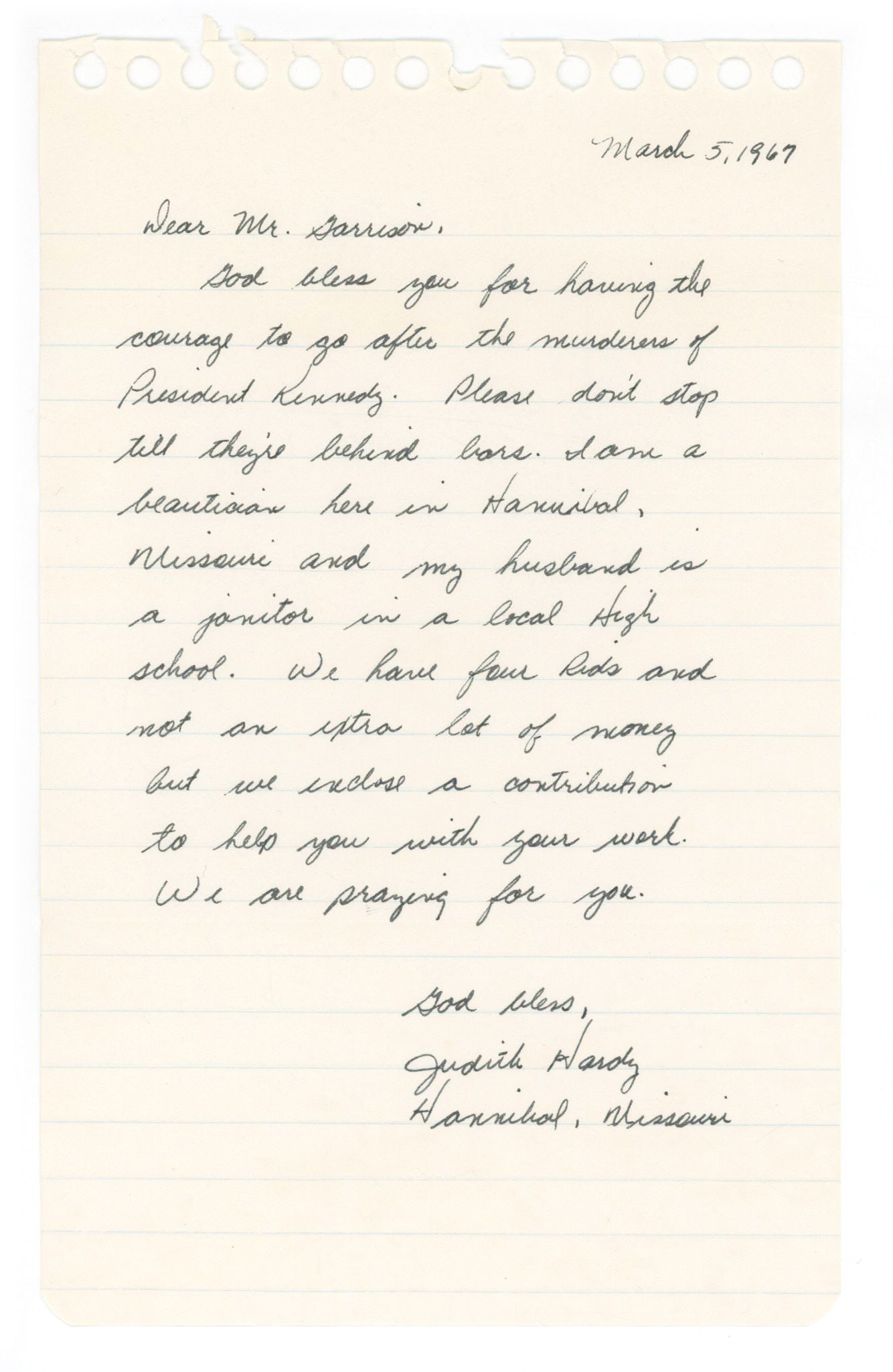 Judith Hardy – Letter to Jim Garrison – JFK Assassination Investigation Support –  (1 of 2)