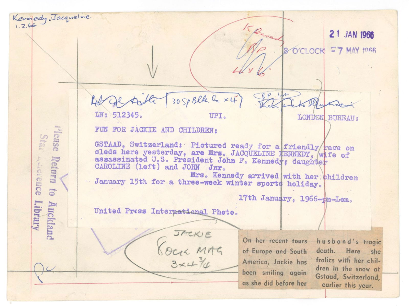 Jacqueline Kennedy with John Jr. & Caroline – Original 8.875 x 6.5 Press Photo – 1966 - 2