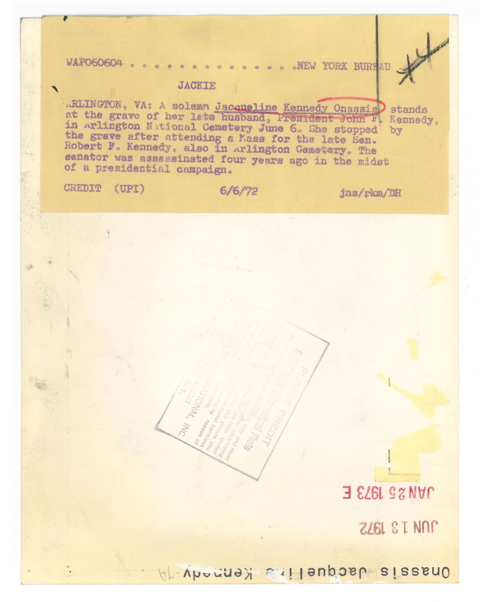 Jacqueline Kennedy – Arlington Gravesite Visit – Original 7 x 9" Press Photo - 2