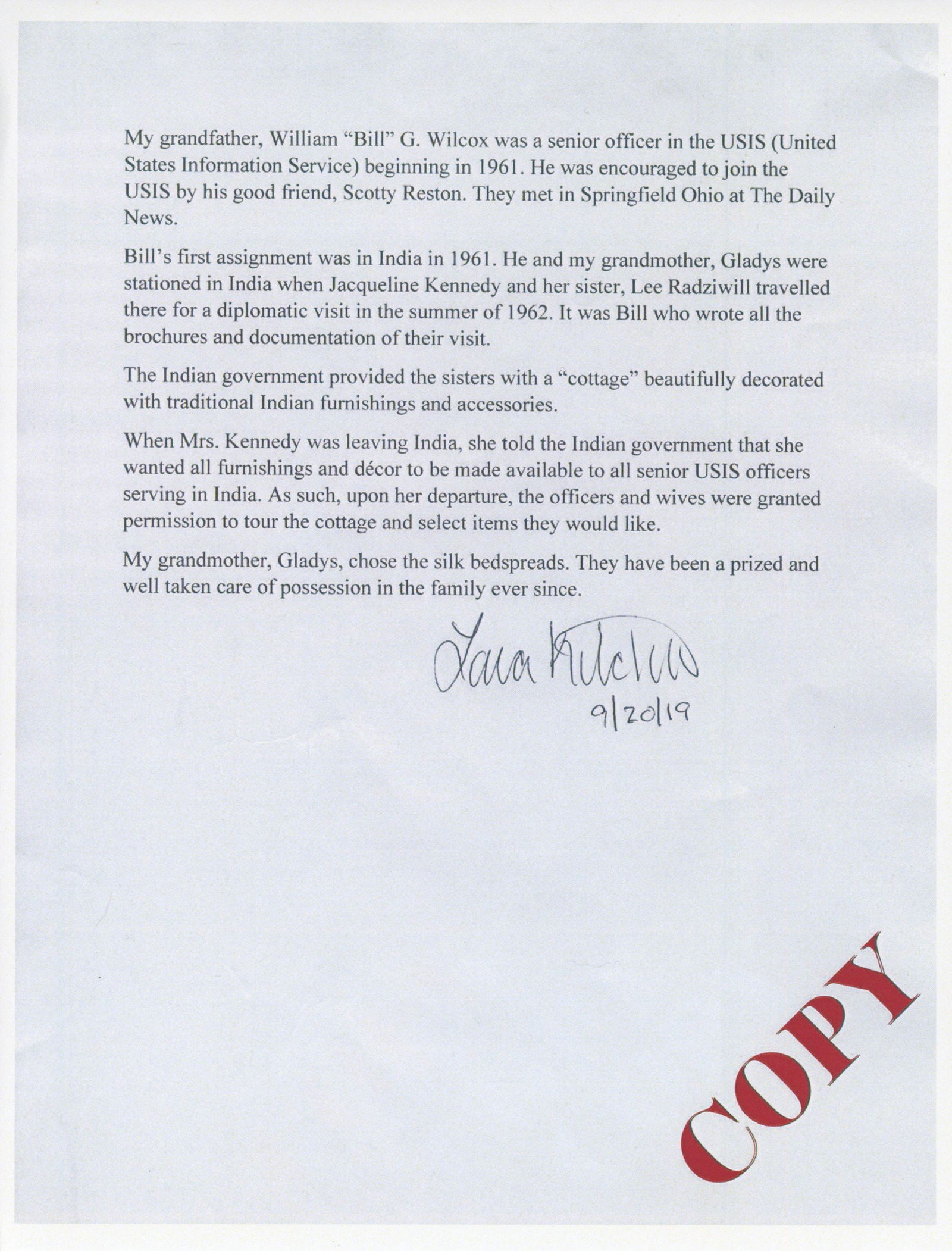 Jacqueline Kennedy – Silk Bedspread Swatch from 1962 India Diplomatic Trip – Display w/  - 2