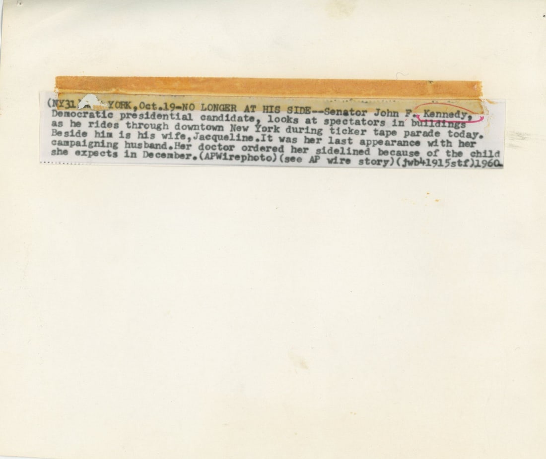 John F. Kennedy & Jacqueline Kennedy – NYC Ticker Tape Parade – Press Photo – Oct. - 2