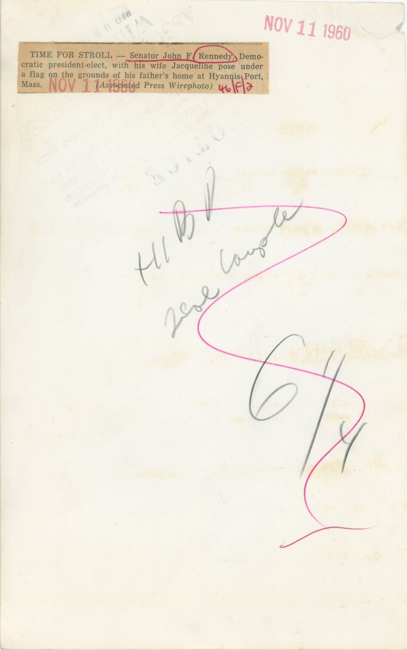 John F. Kennedy & Jacqueline Kennedy – President-Elect at Hyannis Port – Original Press  - 2