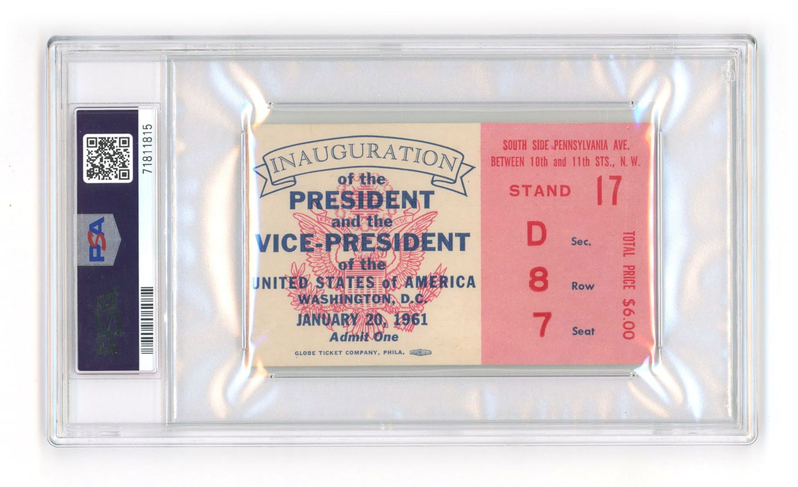 John F. Kennedy – 1961 Presidential Inauguration – PSA Slabbed Ticket Stub - 2