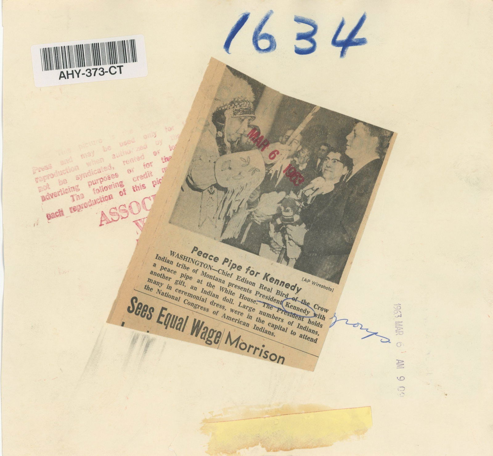 John F. Kennedy – Peace Pipe Presentation – Associated Press 8.5 x 8" Press Photograph - 2