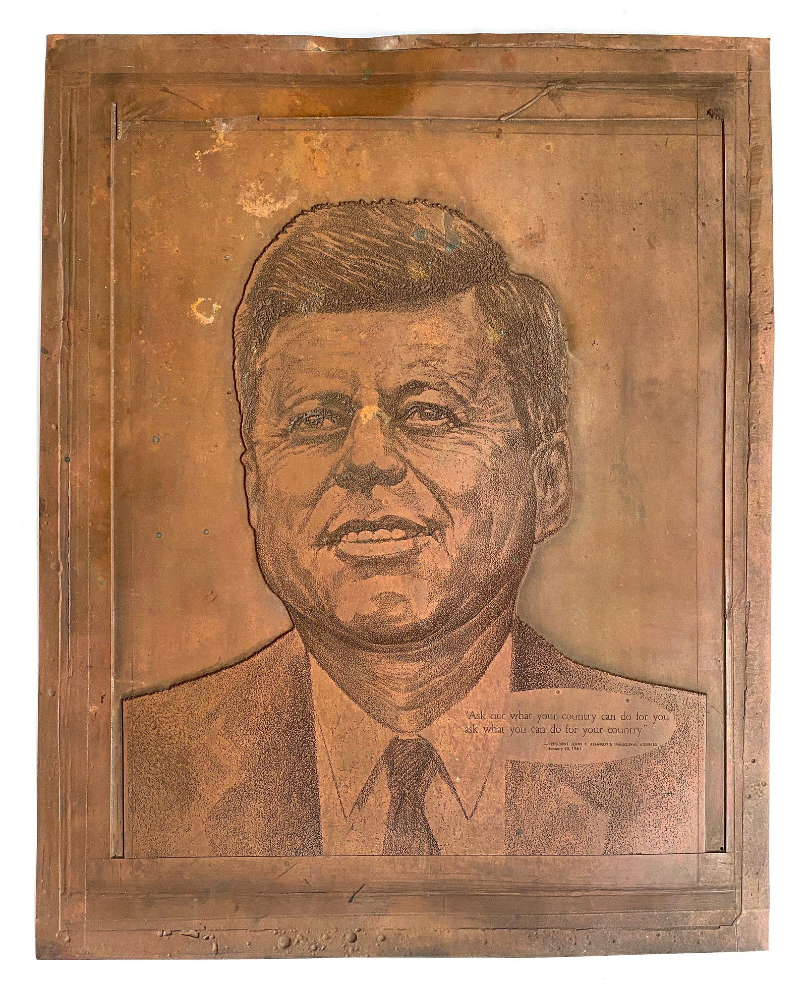 John F. Kennedy – Oversized 14 × 17.75" Photo-Engraved Copper Printing Plate – 1960 (1 of 2)