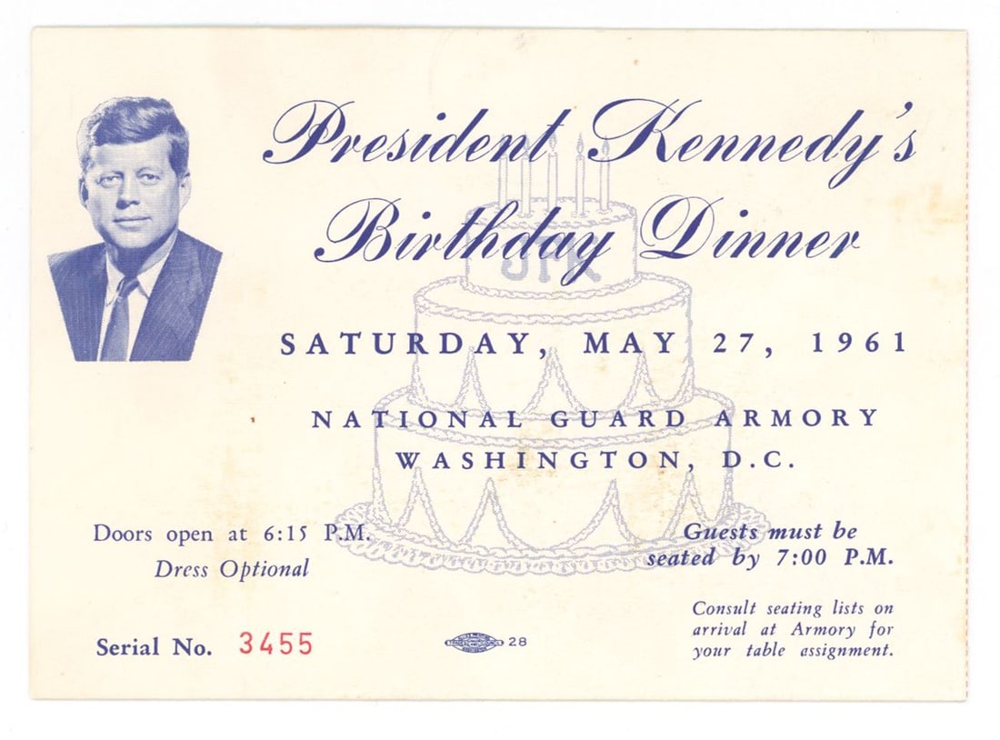 John F. Kennedy – 35th President – 1961 Birthday Dinner Ticket – National Guard Ar (1 of 2)