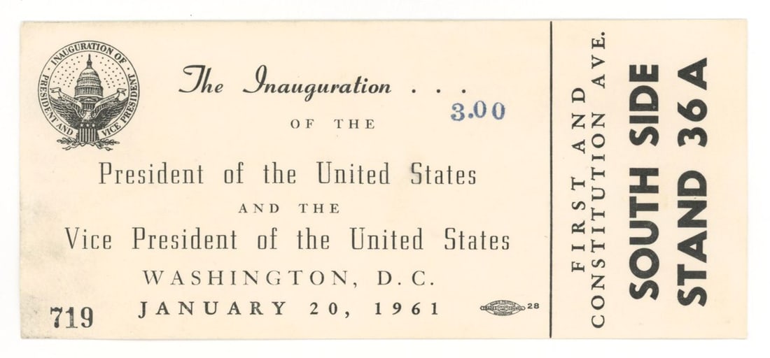 John F. Kennedy – 1961 Presidential Inaugural Parade Ticket – Constitution Ave Stand 36A (1 of 2)