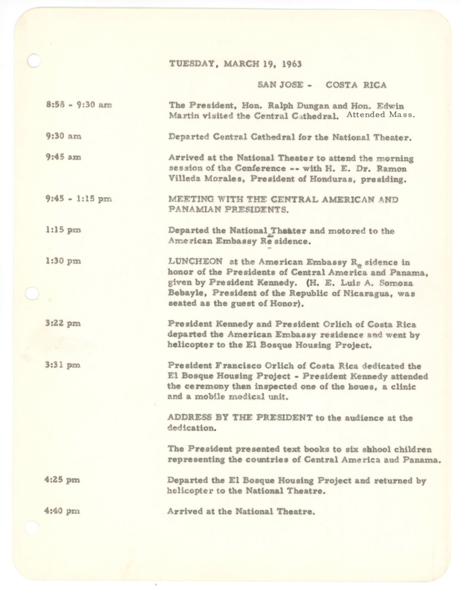 John F. Kennedy – 1963 Costa Rica Trip Schedule – White House Memorandum (Two Pages) (1 of 2)
