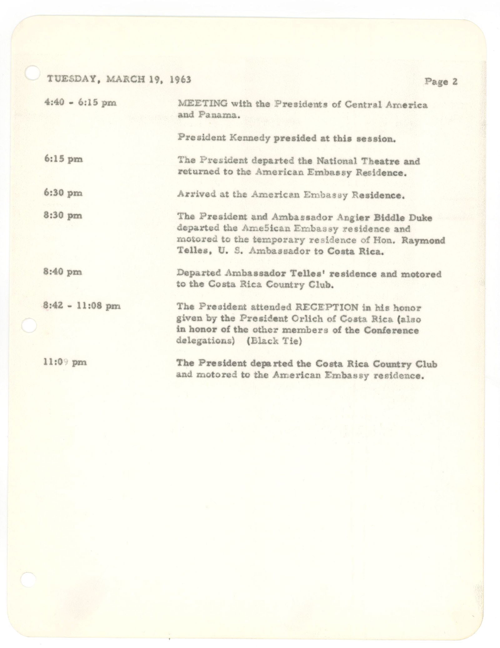 John F. Kennedy – 1963 Costa Rica Trip Schedule – White House Memorandum (Two Pages) - 2