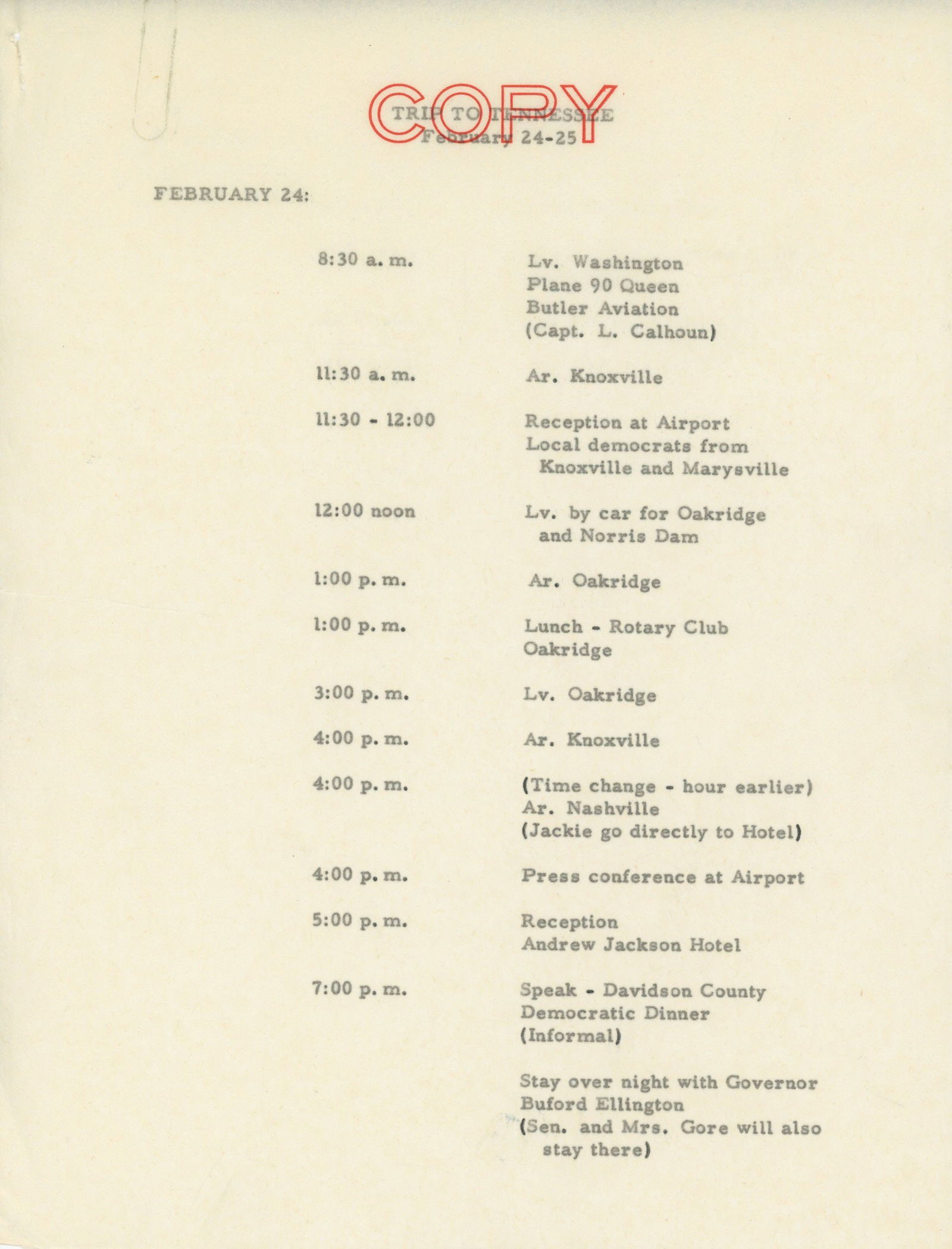 John F. Kennedy – Annotated Tennessee Trip Itinerary File as Senator – 3 Pages + Handwri - 3