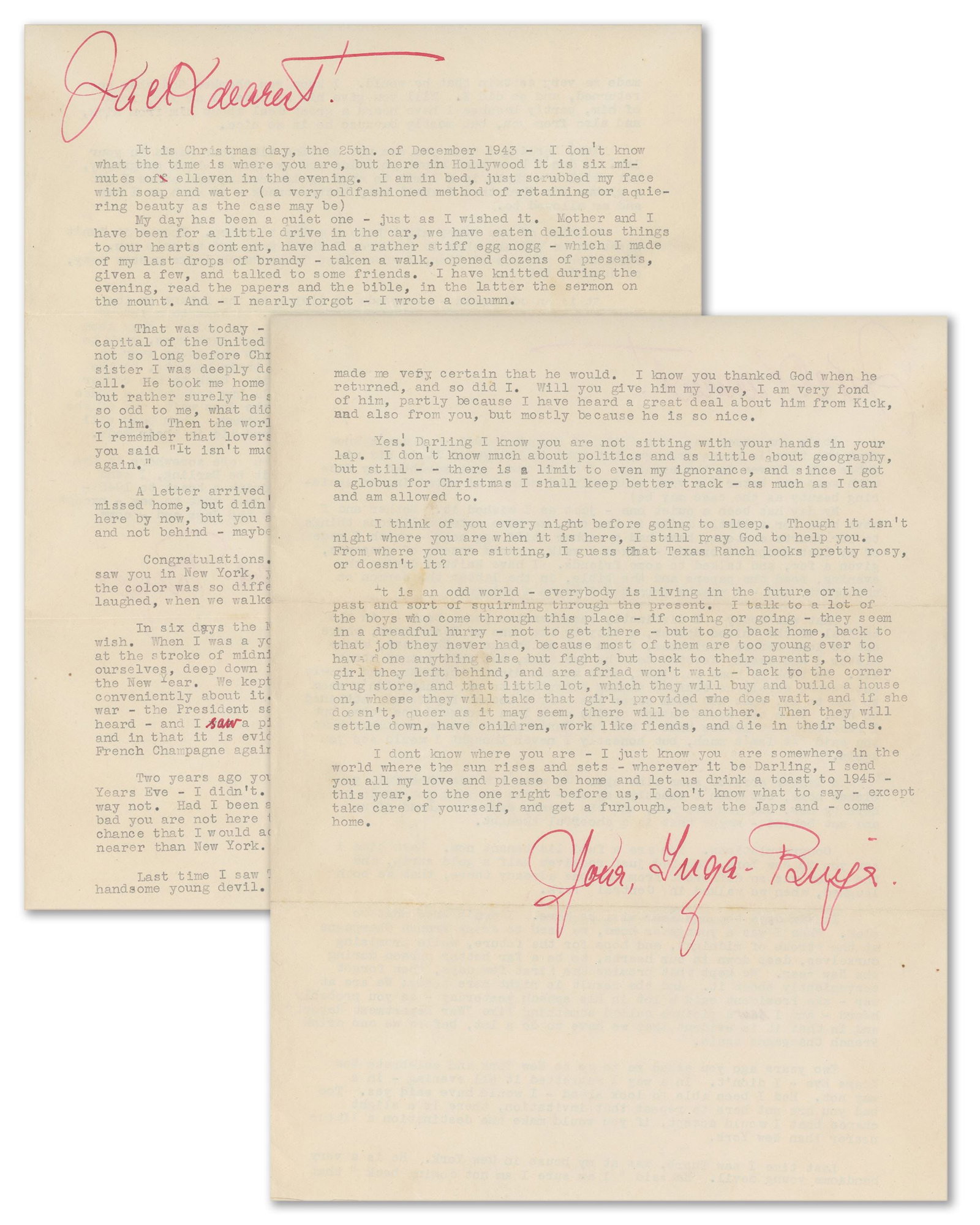 Inga Arvad – JFK Romantic Correspondence – 1943 2-Page TLS to "Jack Dearest" – Chr (1 of 3)