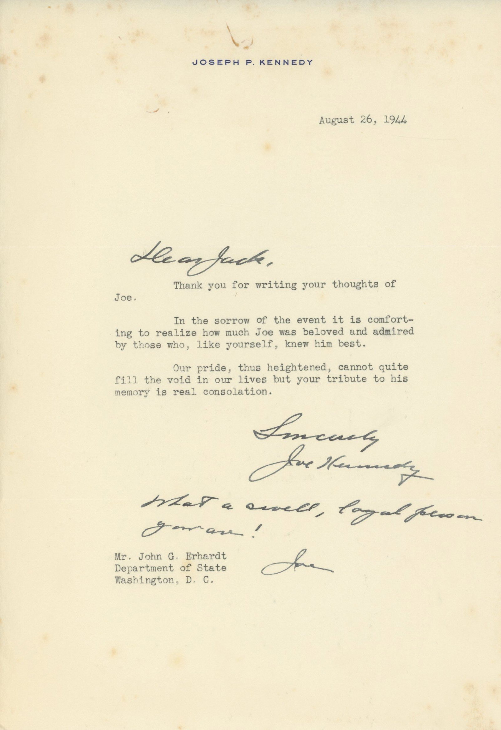 Joseph P. Kennedy Sr. – Autographed Typed Letter – Re. WWII Loss of Joseph P. Kennedy Jr (1 of 1)