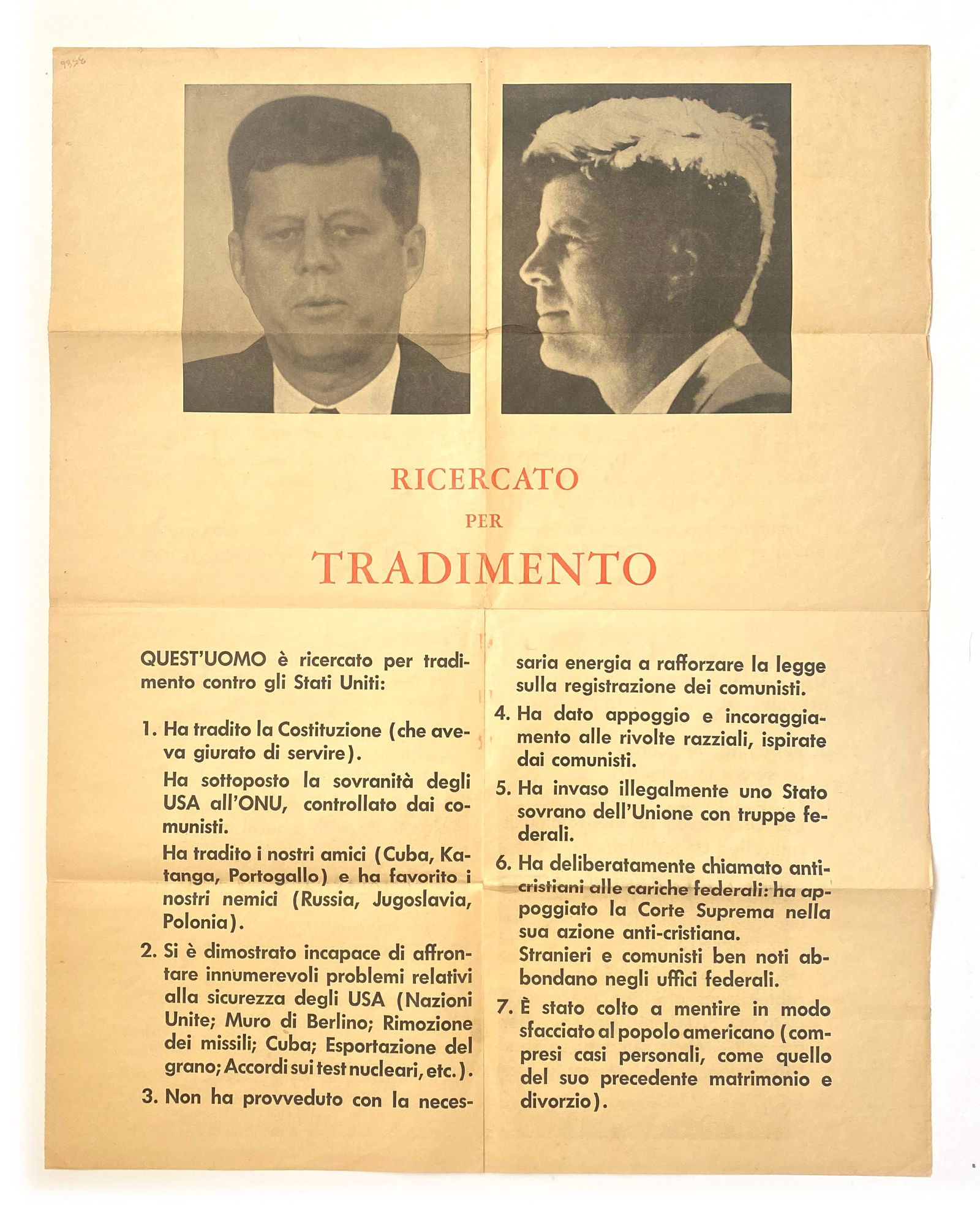 John F. Kennedy – “Wanted for Treason” Poster – English & Italian Anti-Kenne - 2