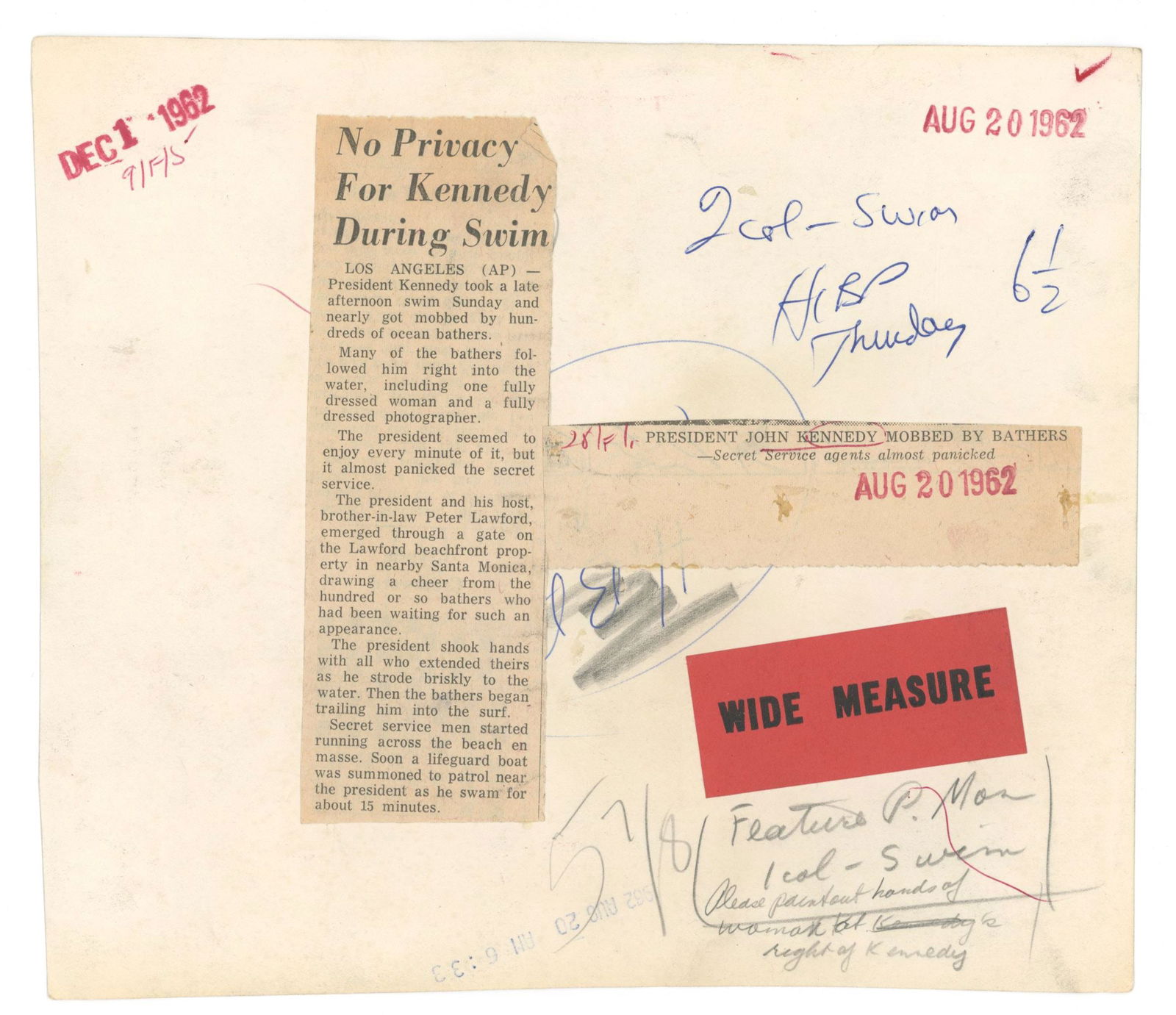 John F. Kennedy – Mobbed by Bathers During Swim – Original Press Photograph – Aug. - 2