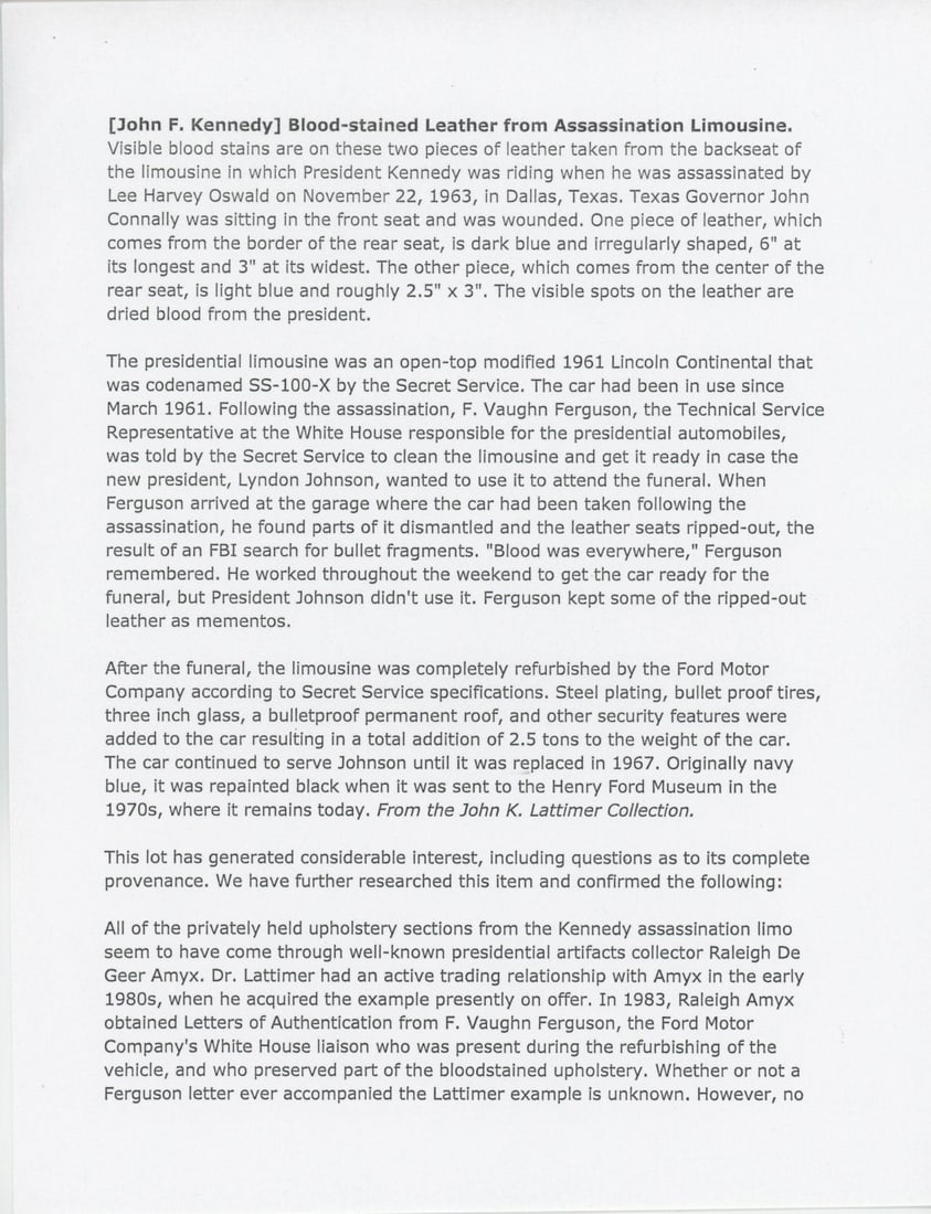 John F. Kennedy Blood-Stained Limousine Leather Relic Fragment – Dallas Assassination - 8