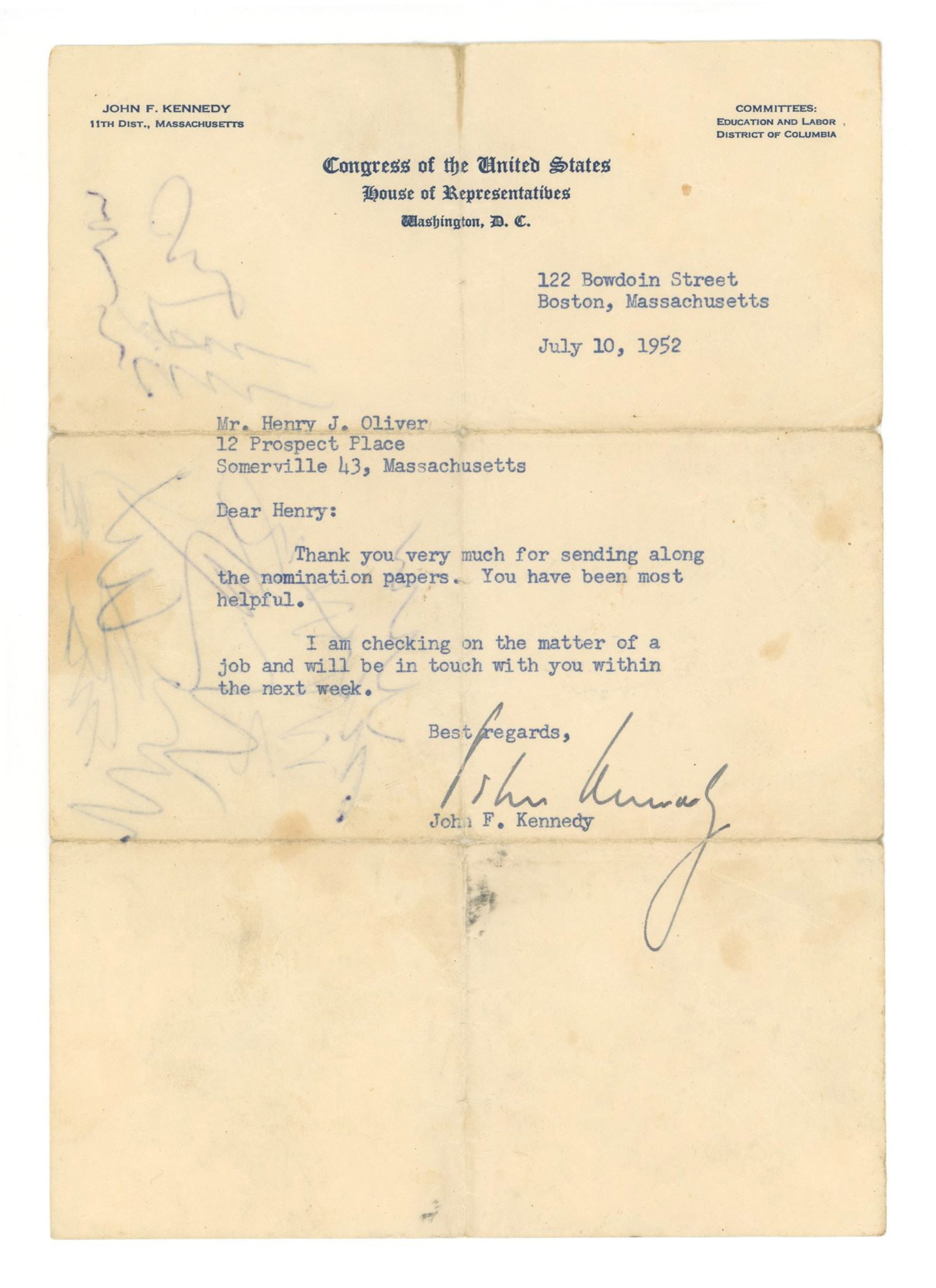 John F. Kennedy – U.S. Congressman – Autographed Typed Letter (TLS) – Early Politi (1 of 2)