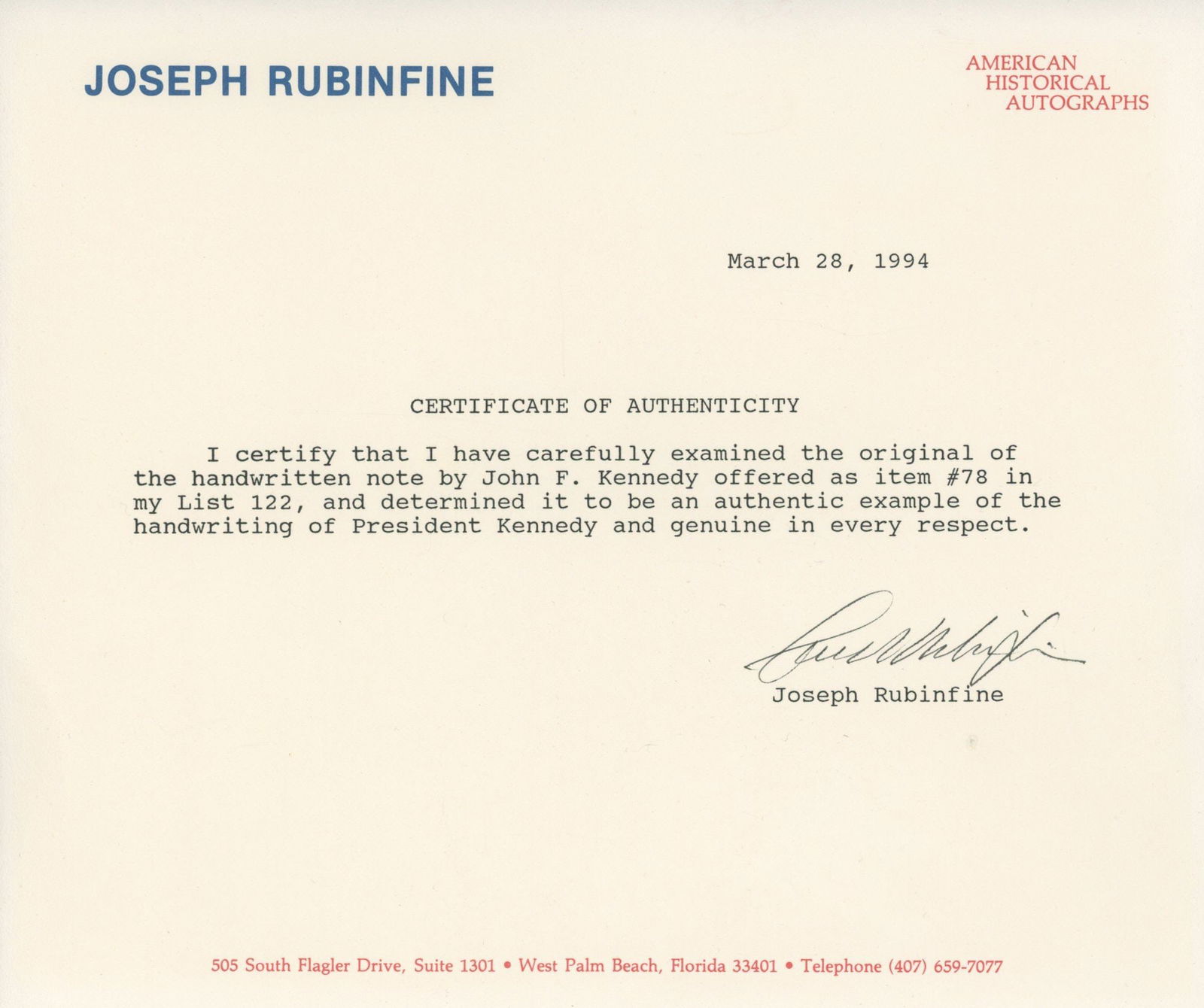 John F. Kennedy – Handwritten Dinner Reservation with Jackie Note – Returning from Palm  - 2