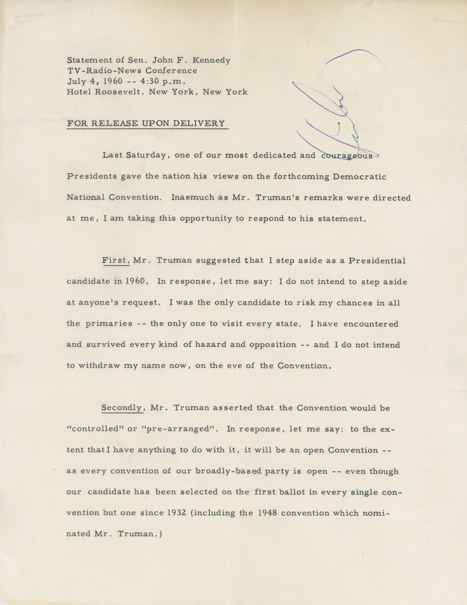 John F. Kennedy – 1960 Presidential Campaign – Autographed 7-Page Press Release Respondi (1 of 7)