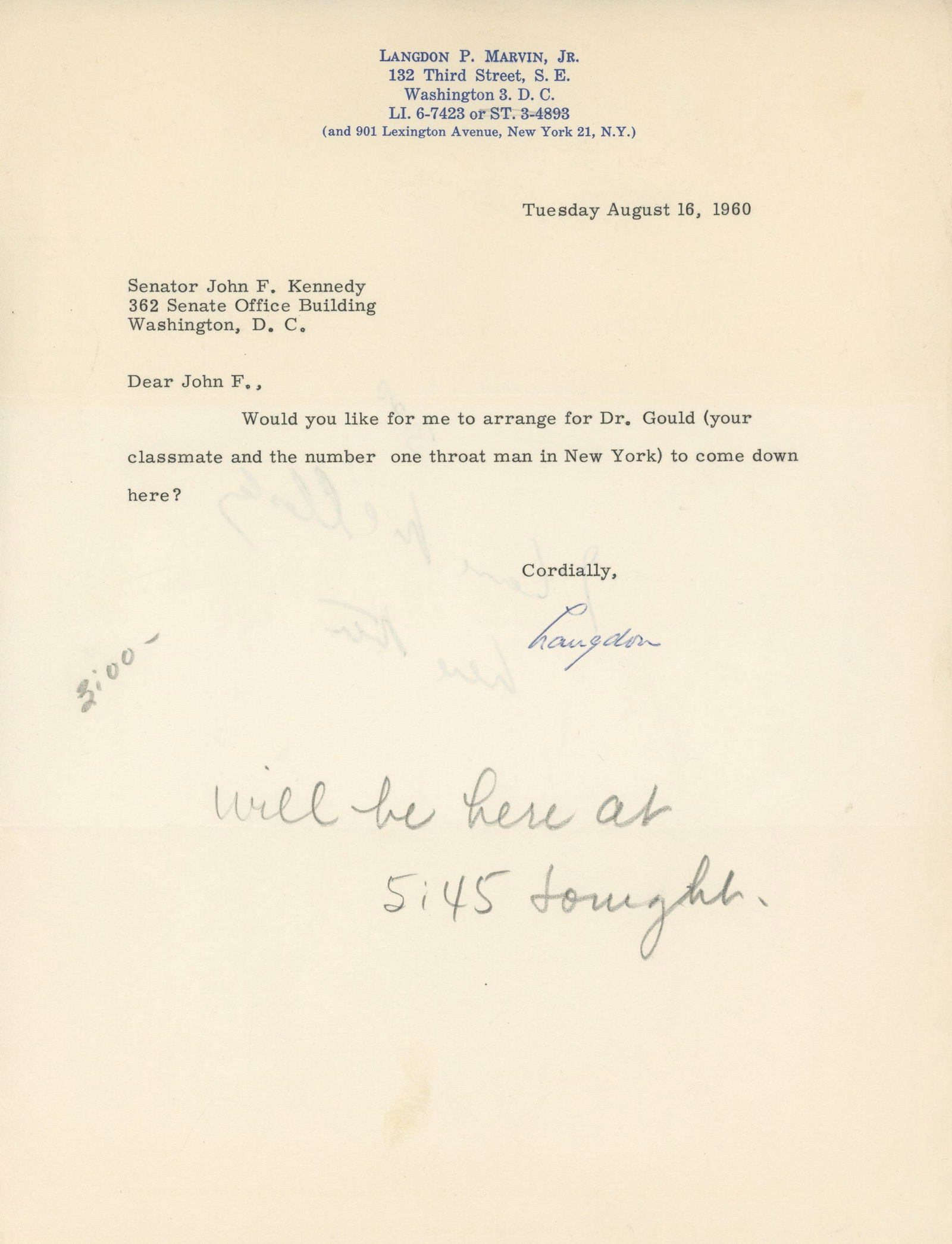 John F. Kennedy – Handwritten Note on Verso of 1960 Typed Letter – Re. Matt McCloskey Vi - 3