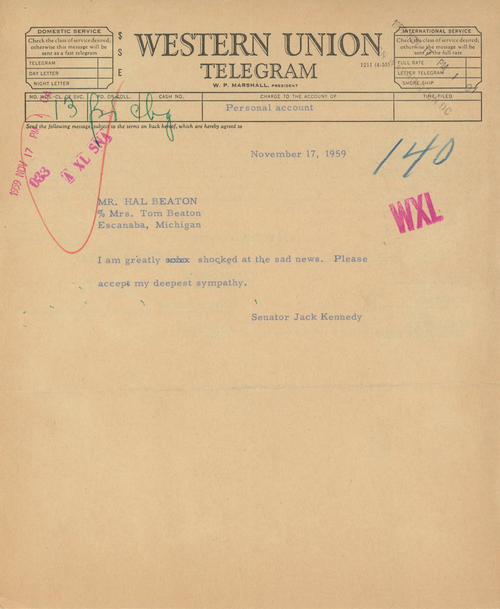 John F. Kennedy – as U.S. Senator – Western Union Condolence Telegram – 1959 (1 of 2)