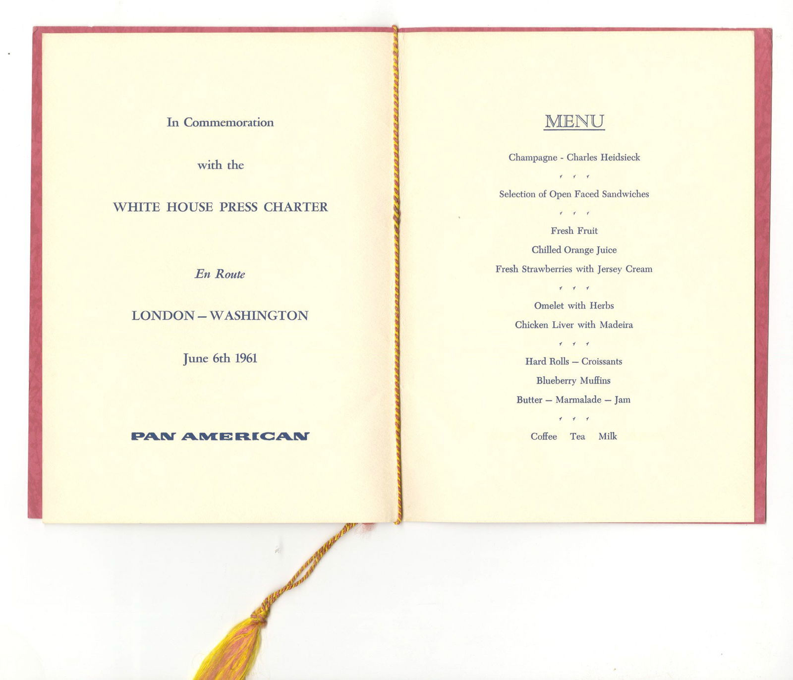 John F. Kennedy – White House Press Charter Dinner Menu – Pan American – 1961 - 2