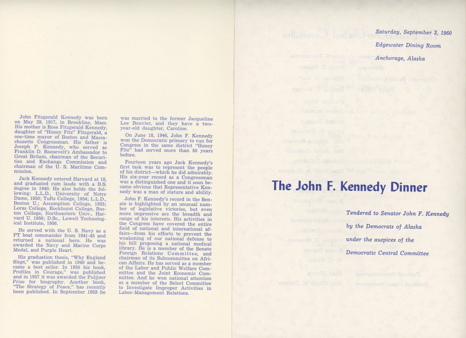 John F. Kennedy – U.S. Senator – Alaska Democratic Dinner Program – 1960 Campaign  - 2