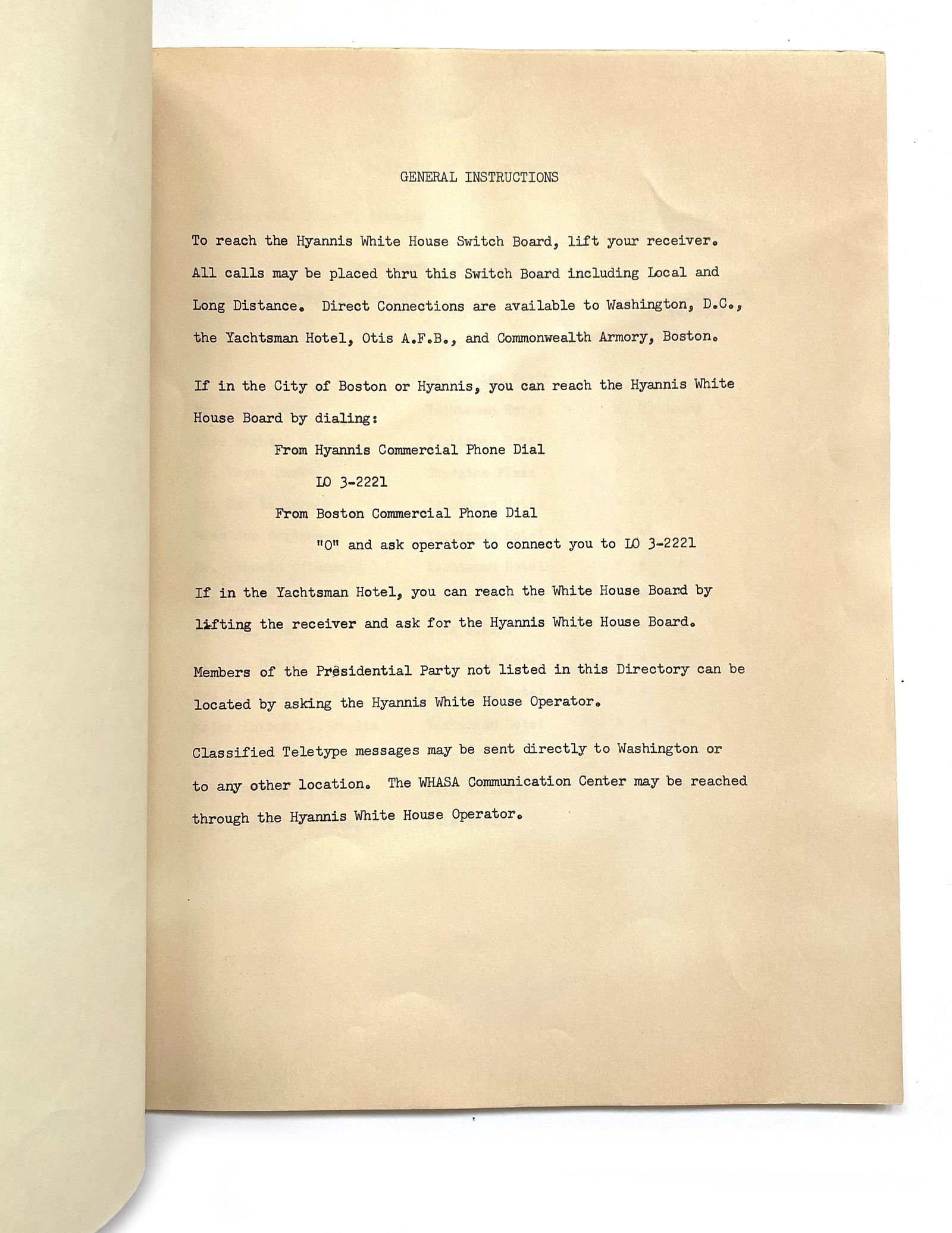 John F. Kennedy – Presidential Party Telephone Directory – Hyannis Port 1961 - 2