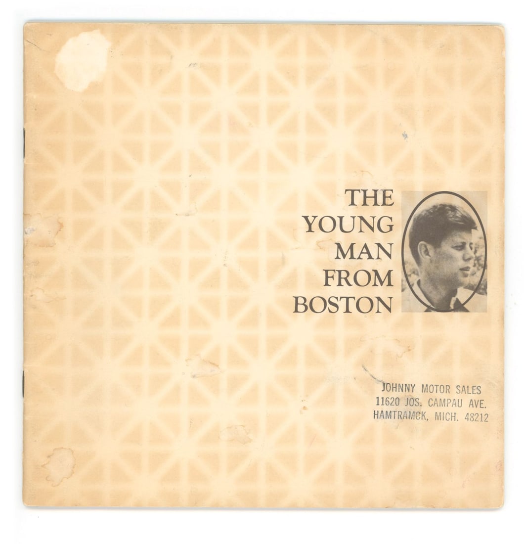 John F. Kennedy – “The Young Man From Boston” – Pictorial Campaign Album : Details: John F. Kennedy pictorial campaign album titled “The Young Man From Boston,” a square-format printed publication measuring approximately 7 x 7 inches. The album presents a