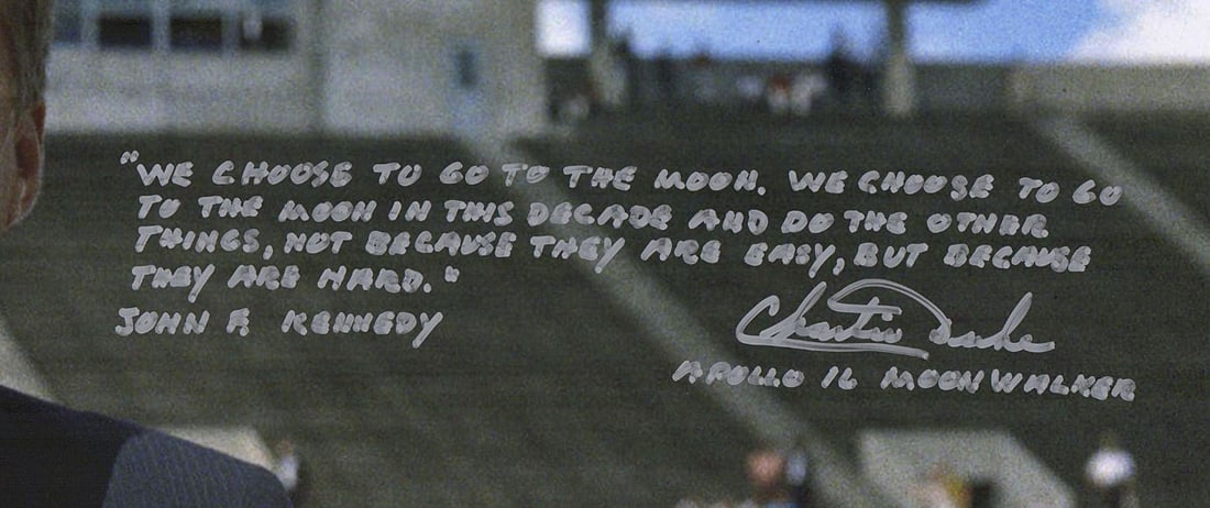 JFK Tribute by Astronaut Charlie Duke – Autographed 20 x 16" Photo “We Choose to Go to t - 2