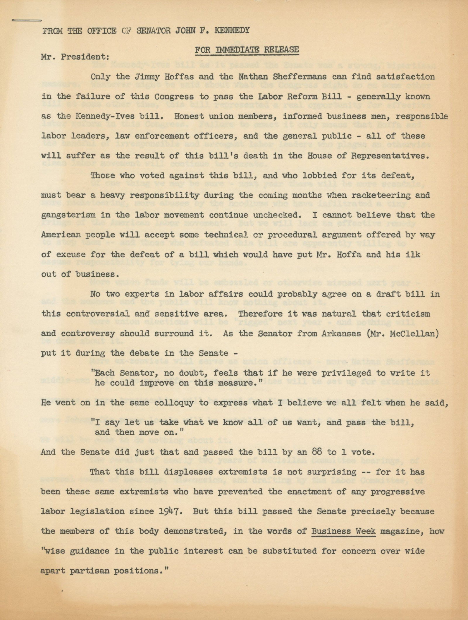 John F. Kennedy – Senate Labor Reform Report to President Truman – 11-Page Typed Documen (1 of 1)