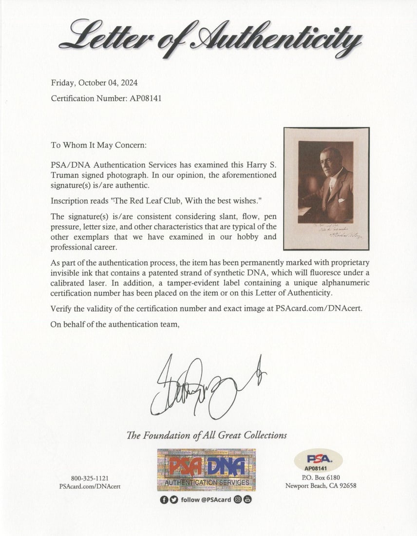 Woodrow Wilson – U.S. President – Autographed 9 x 13" Photograph – Formal Portrait - 2