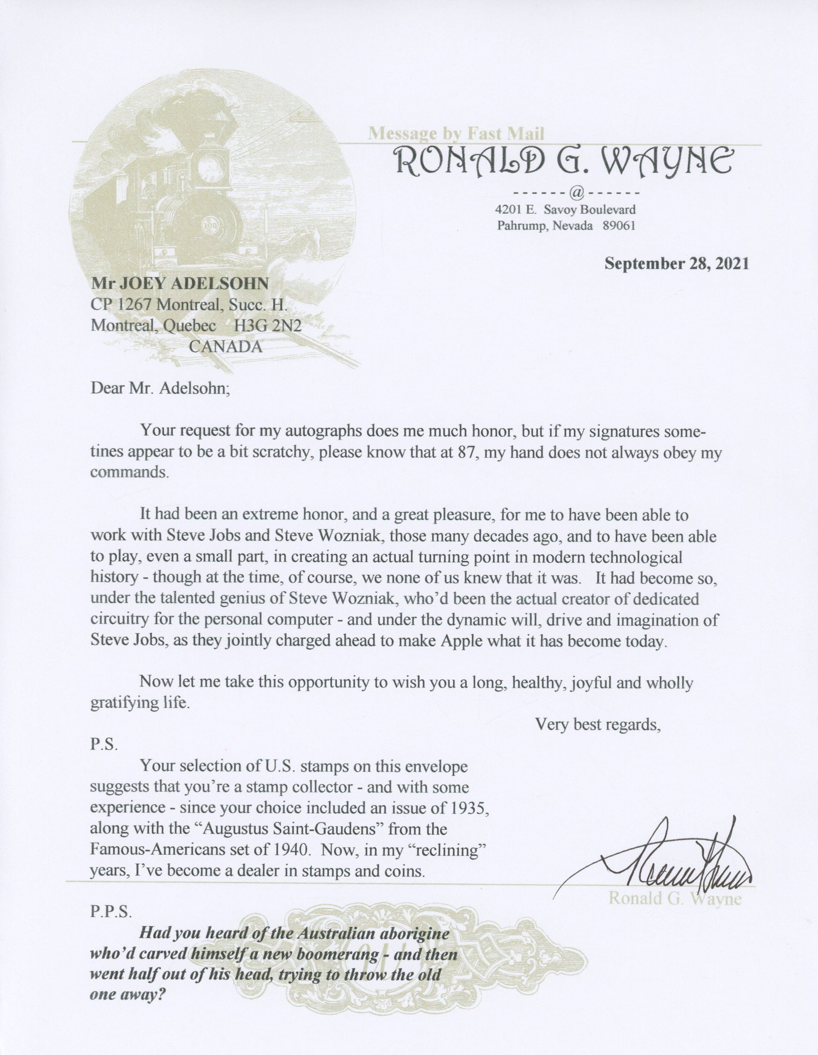 Ronald G. Wayne – Apple Co-Founder – Autographed Stamp Sheet & Letter – Computer T - 3