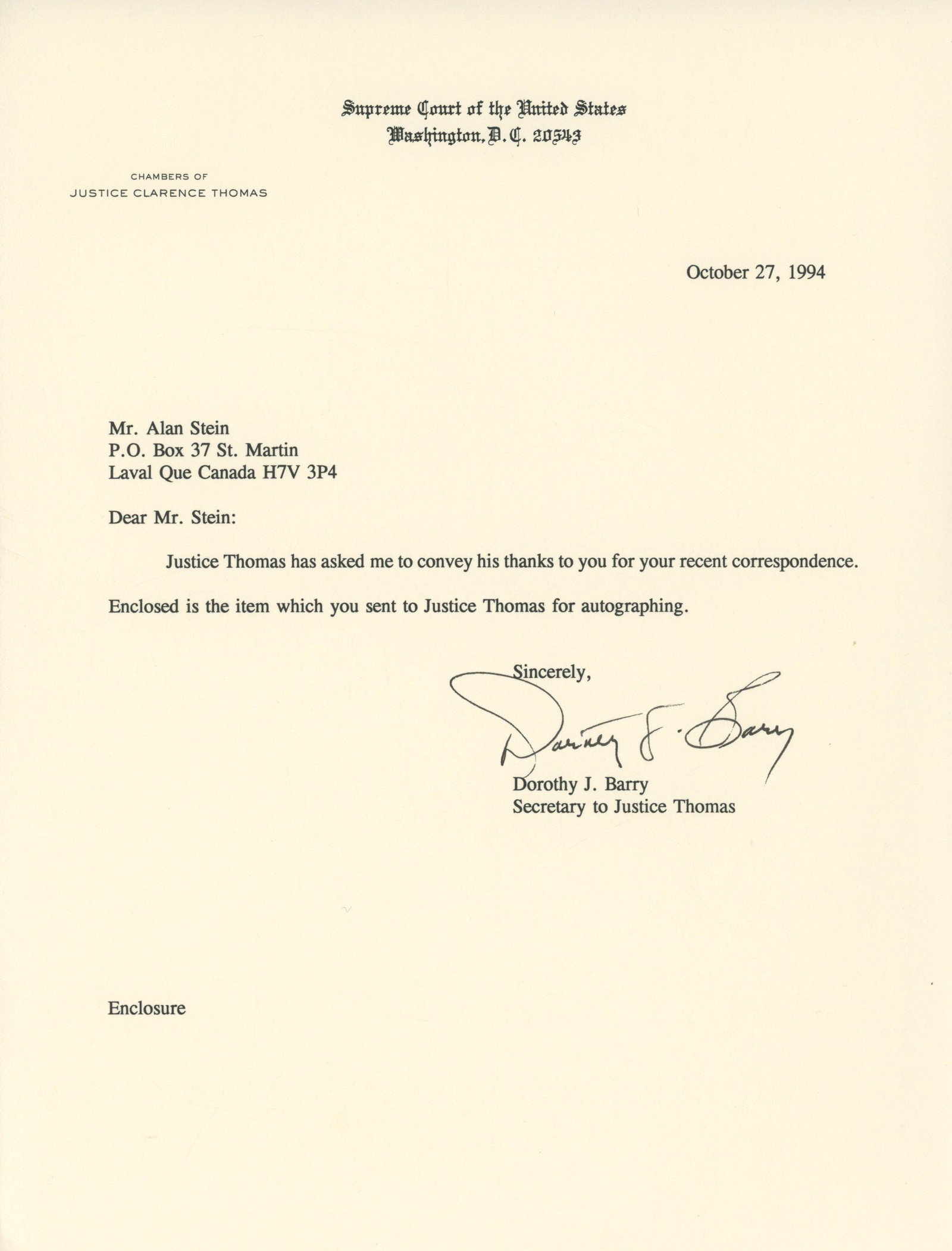 Clarence Thomas – Supreme Court Justice – Autographed 6 x 9" Photograph with Typed Lette - 2