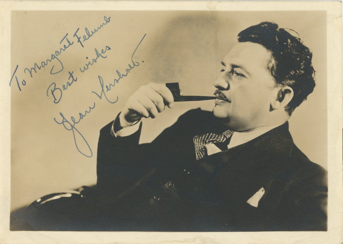 Jean Hersholt – Actor, Humanitarian & Academy Award Namesake – Autographed Double-Weight: Details: Jean Hersholt autographed 7 x 5" photograph. The photograph is boldly inscribed and autographed in blue ink to Margaret Fellman with a warm personal sentiment and signed “Jean