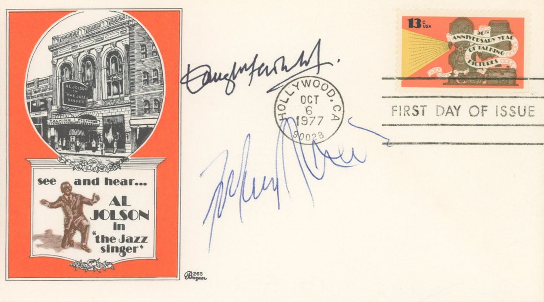 Douglas Fairbanks Jr. & F. Murray Abraham – Autographed First Day Cover: Details: Douglas Fairbanks Jr. and F. Murray Abraham dual-signed First Day of Issue cover honoring the anniversary of talking pictures, postmarked Hollywood, California, October 6, 1977. The cachet