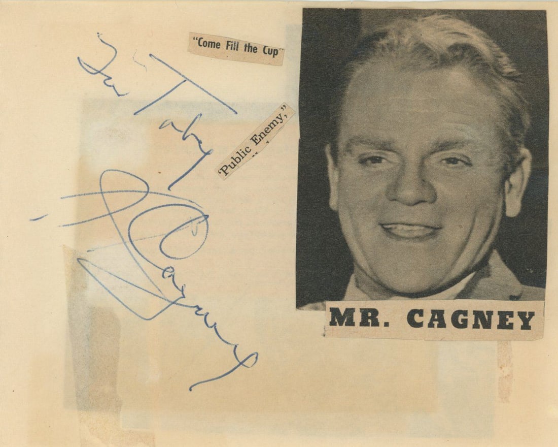 James Cagney – Academy Award-Winning Actor – Autographed Album Page: Details: James Cagney 5.5 x 4.25" album page signed in blue ink. The page is affixed with vintage newspaper and magazine clippings referencing his film Come Fill the Cup and other contemporary