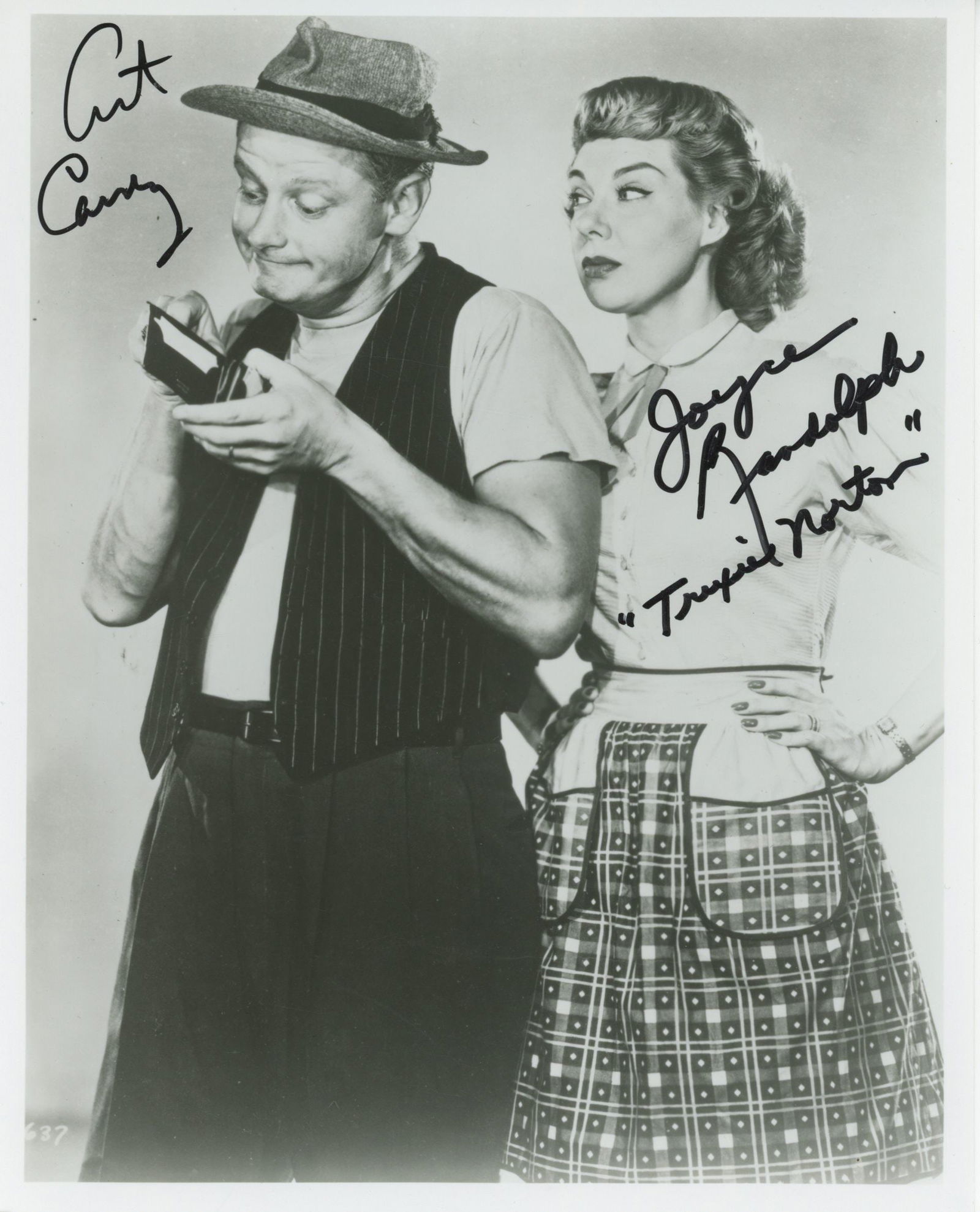 Art Carney & Joyce Randolph – The Honeymooners – Dual-Autographed 8 x 10" Photograph: Details: Art Carney & Joyce Randolph autographed black and white 8 x 10" photograph from the classic television series The Honeymooners. Carney signs at left in black marker, while Randolph signs