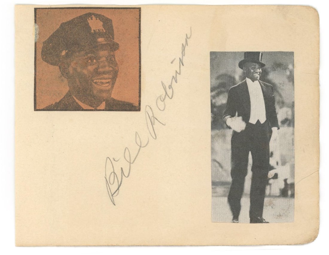 Bill “Bojangles” Robinson – Tap Dancer & Entertainer – Autographed 5.5 x 4.2: Details: Bill “Bojangles” Robinson 5.5 x 4.25" album page, signed diagonally in pencil across the center. The page features two affixed period images—one portrait vignette and one